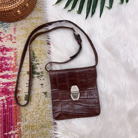 Vintage Nine West Neutral Brown Faux Leather Croc Fold Over Mini Bag Purse - Picture 1 of 9